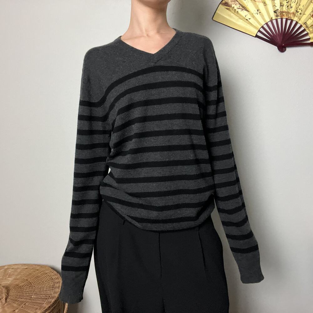 y2k gray striped merino wool cashmere v neck oversized boyfriend sweater